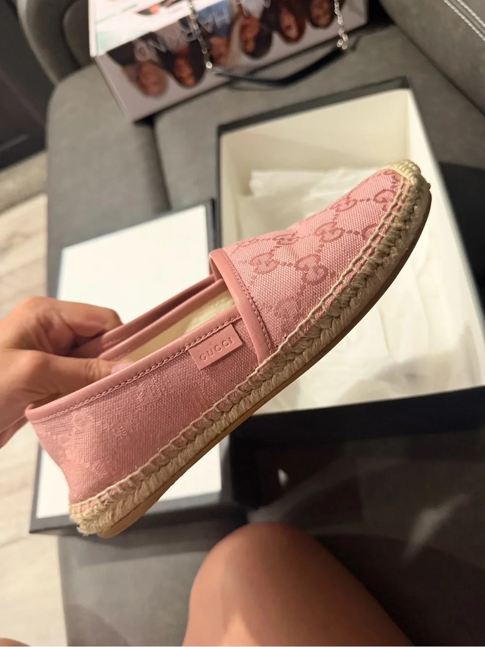 Gucci Pink Canvas GG Espadrilles Slip-On Flats